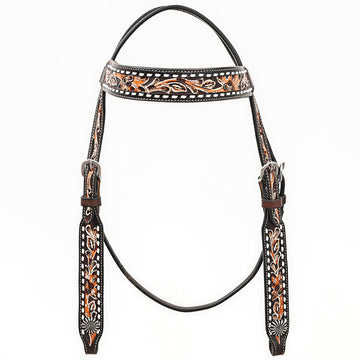 Bar H EquineWestern Horse Genuine Leather Floral Design Headstall Dark Brown